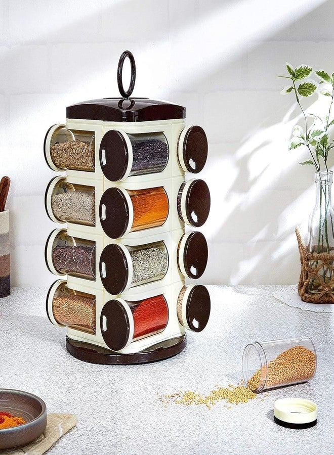 SINGHAL Plastic Revolving Spice Rack Dark Brown, Set Of 16 Pieces, Masala, Condiment Rack, Box, Container, Tabletop - Image 4
